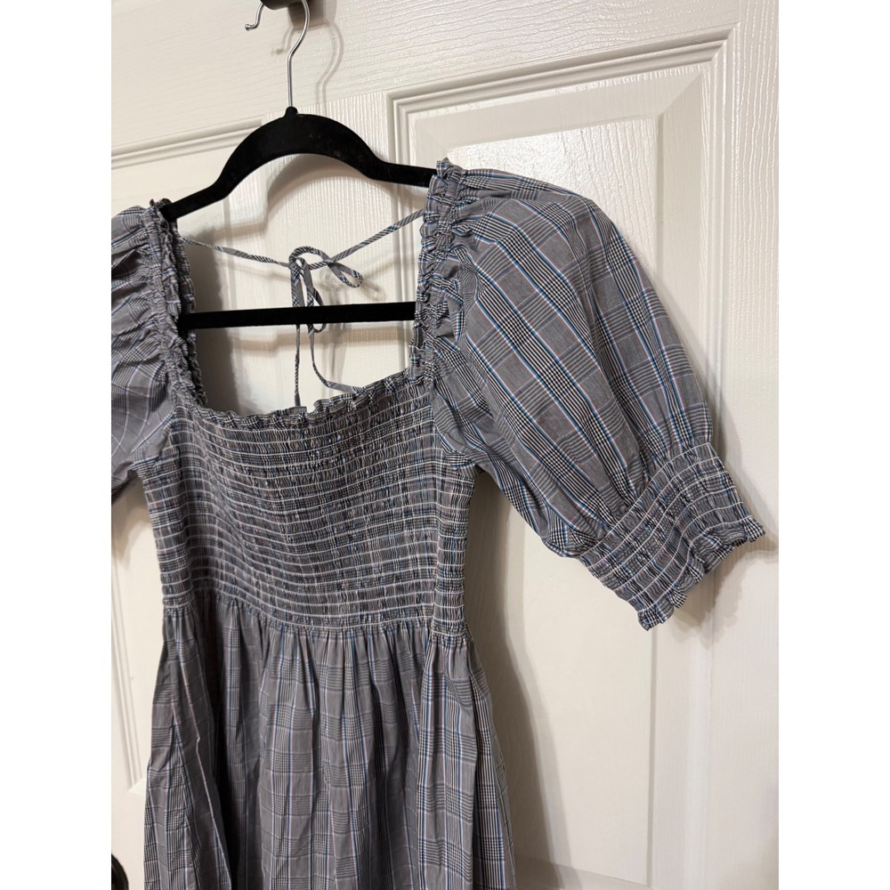 Hill House Home The Athena Nap Dress Blue Grey Plaid Smocked Mini Dress XS - Picture 5 of 9